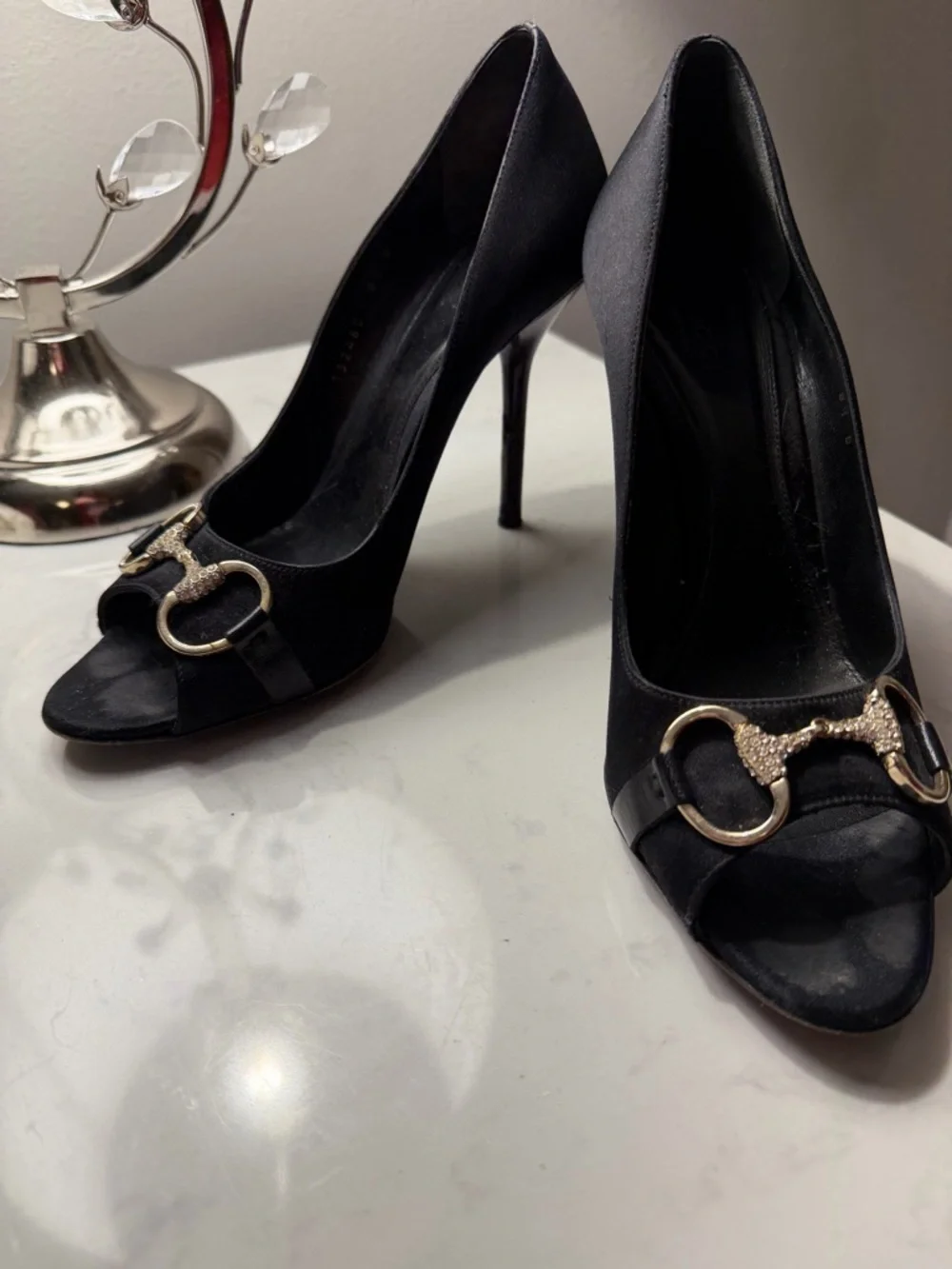 Gucci Black Open-Toe Stiletto Heels with Crystal-Embellished Horsebit - Picture 5 of 9